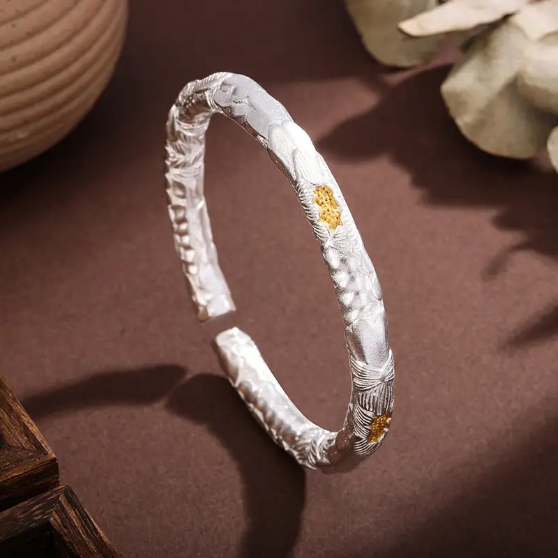 Silver-Plated White Copper Bracelet with Hammered Texture, Gold Peony, Versatile Open Bracelet, Embossed Youthful Bracelet, Thick Style, Chinese Style Heavy Craftsmanship — feature 4