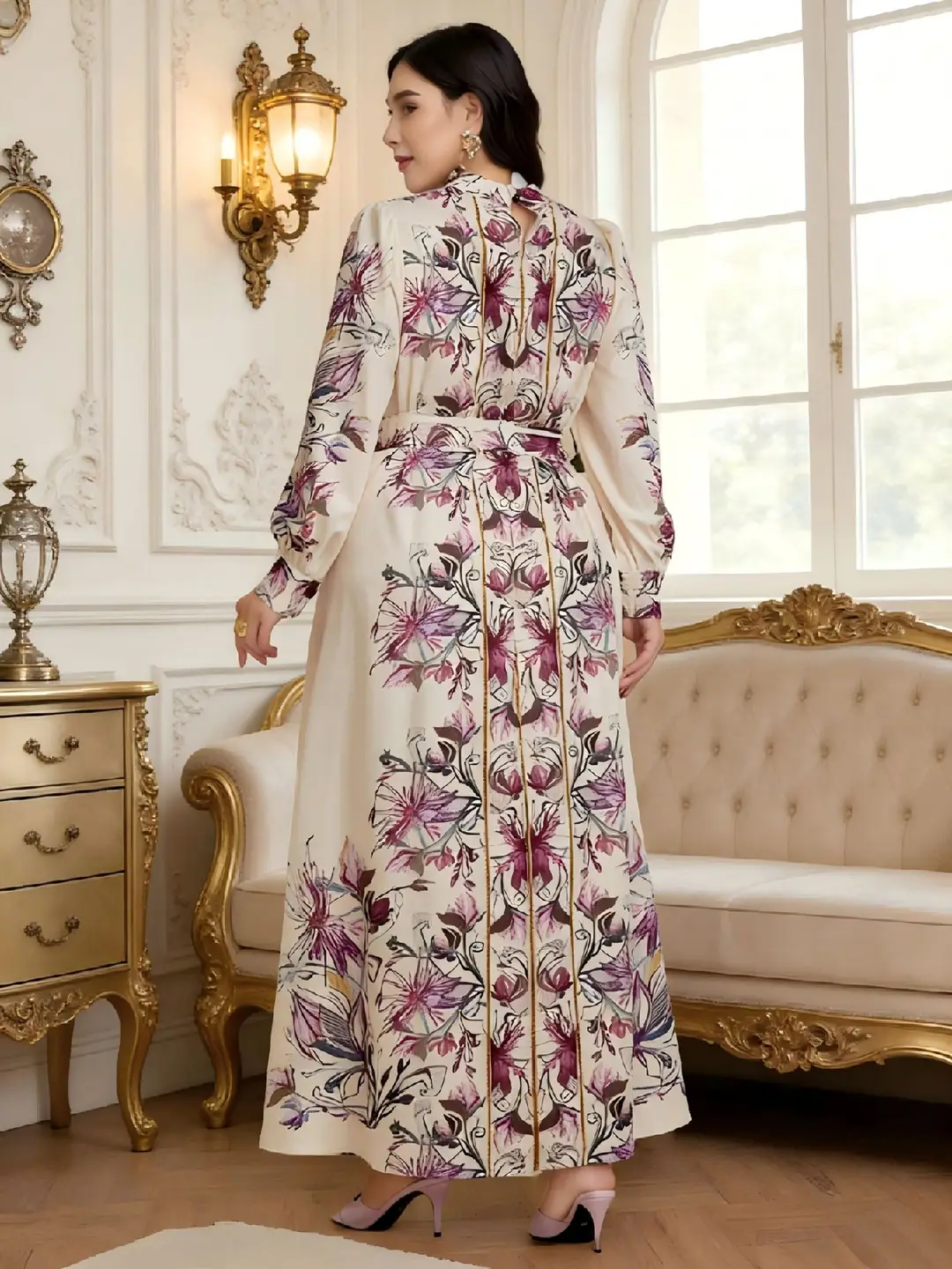Cross-Border Plus-Size Dress: Early Spring Stand-Collar Floral Print Court-Style Lantern Sleeve Waist-Cinching Dress