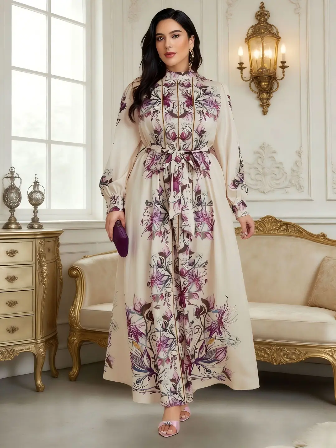 Cross-Border Plus-Size Dress: Early Spring Stand-Collar Floral Print Court-Style Lantern Sleeve Waist-Cinching Dress