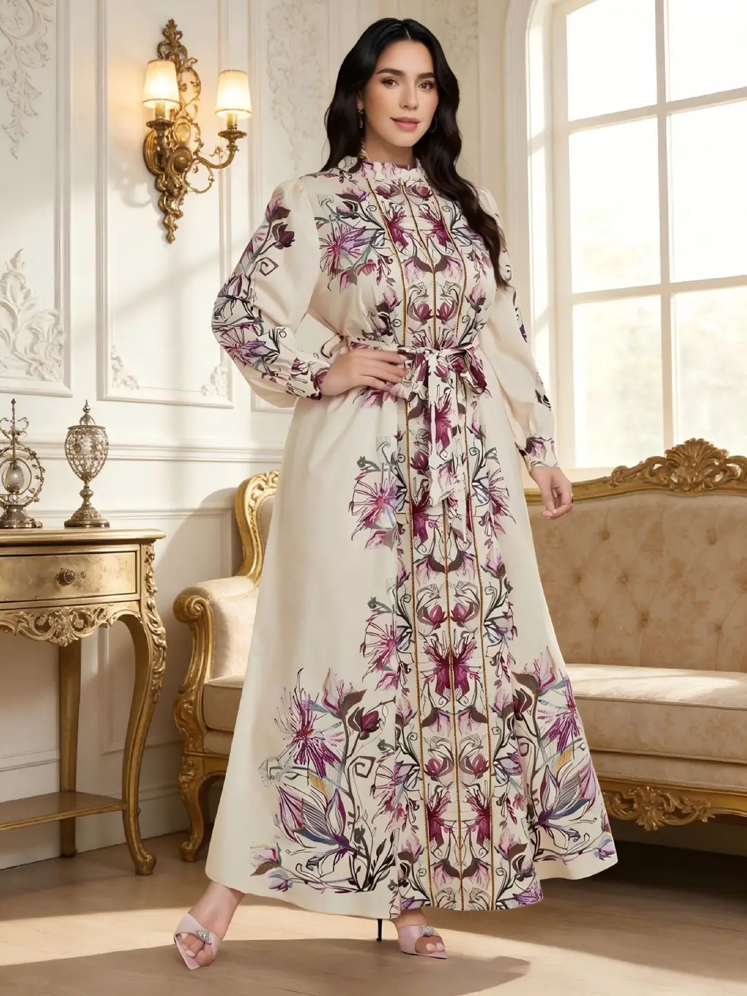 Cross-Border Plus-Size Dress: Early Spring Stand-Collar Floral Print Court-Style Lantern Sleeve Waist-Cinching Dress