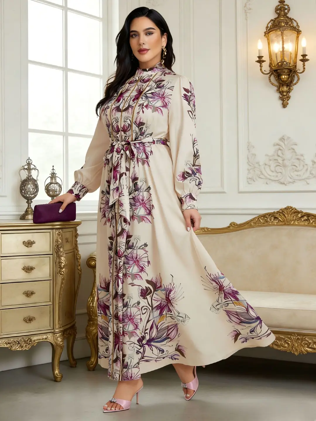 Cross-Border Plus-Size Dress: Early Spring Stand-Collar Floral Print Court-Style Lantern Sleeve Waist-Cinching Dress