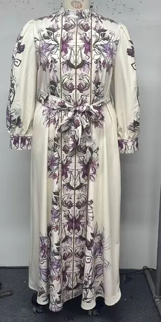 Cross-Border Plus-Size Dress: Early Spring Stand-Collar Floral Print Court-Style Lantern Sleeve Waist-Cinching Dress — feature 8