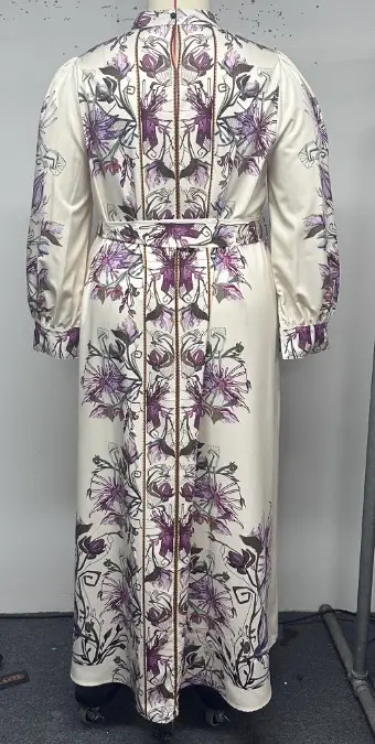 Cross-Border Plus-Size Dress: Early Spring Stand-Collar Floral Print Court-Style Lantern Sleeve Waist-Cinching Dress — feature 9
