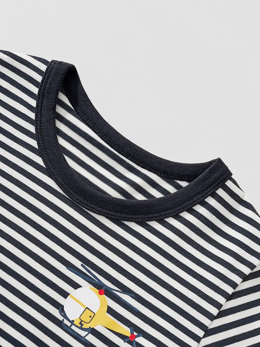 Kids Airplane Print Long Sleeve T-Shirt Black White Striped - Image 3