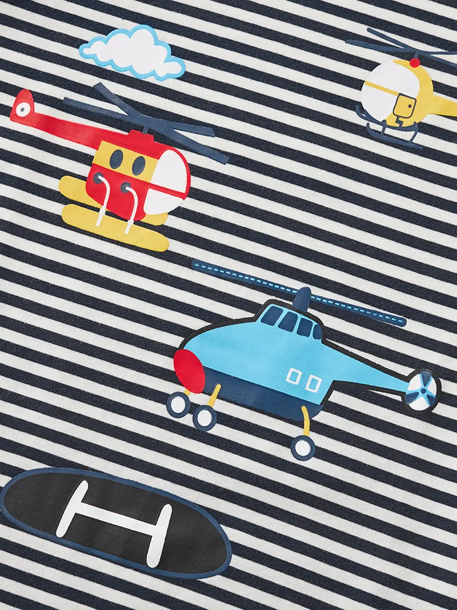 Kids Airplane Print Long Sleeve T-Shirt Black White Striped - Image 4