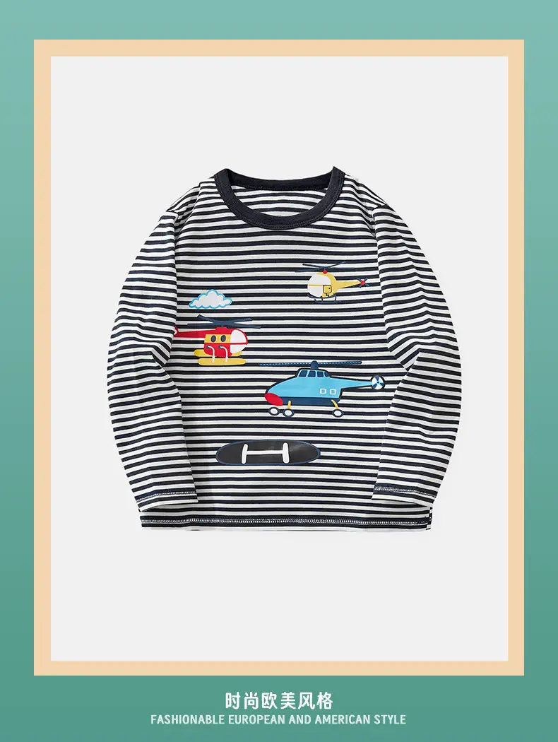 Kids Airplane Print Long Sleeve T-Shirt Black White Striped — feature 2