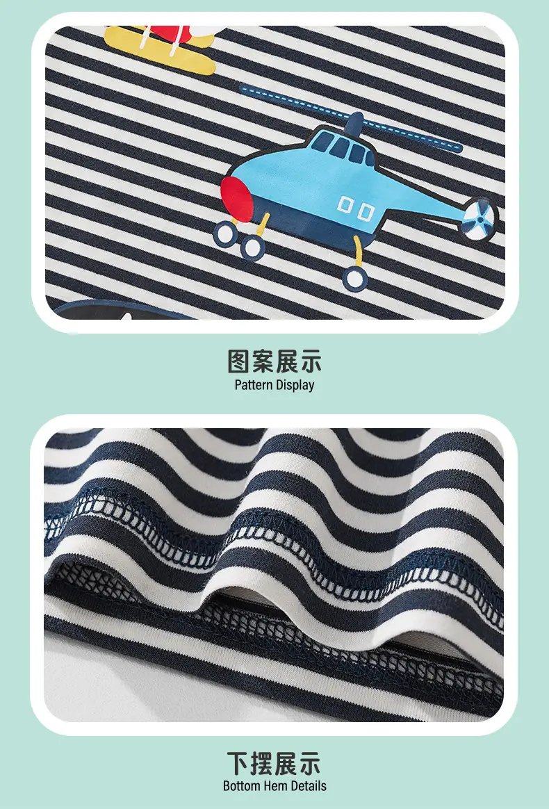 Kids Airplane Print Long Sleeve T-Shirt Black White Striped — feature 8