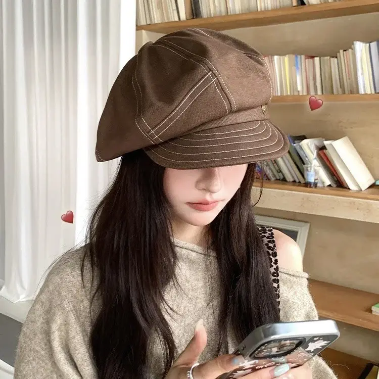 Women's Japanese Style Octagonal Hats Brown Black - Image 5