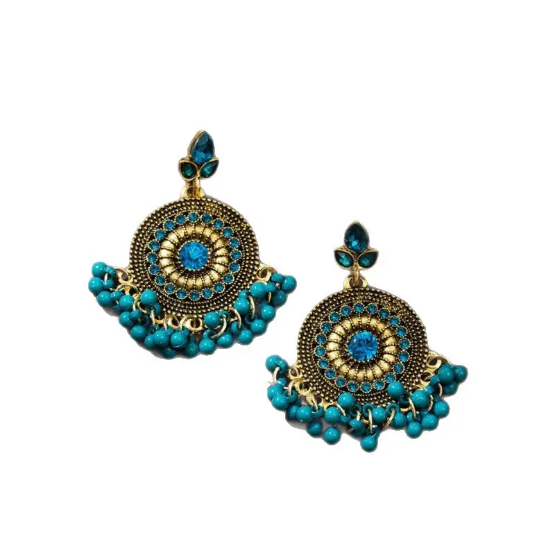 Round Full Diamond Pearl Tassel Earrings, Exotic Crystal Long Ethnic Style Beaded Gold Earrings, Travel Street Photography