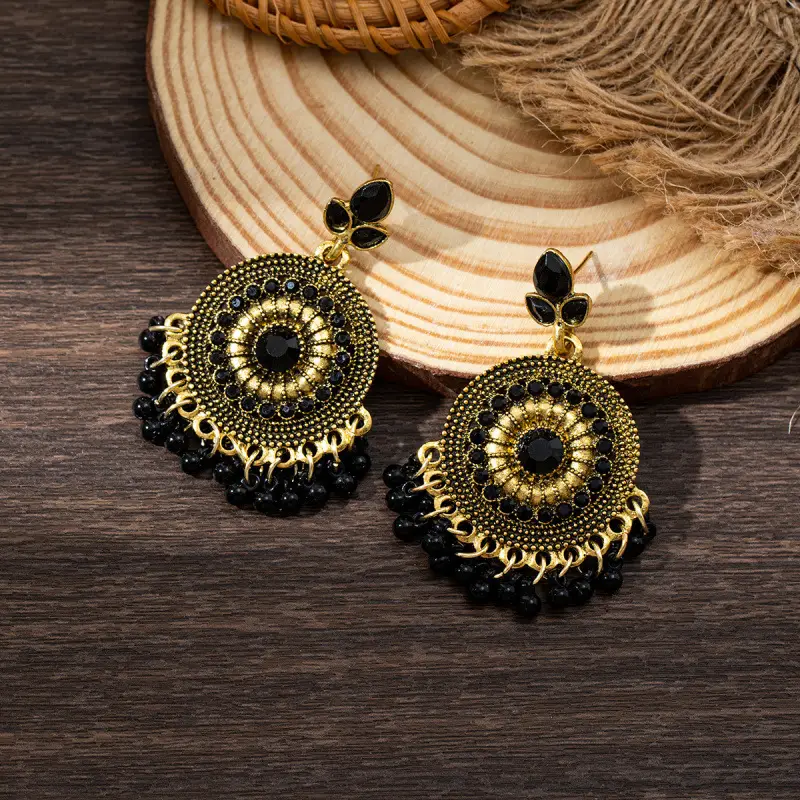 Round Full Diamond Pearl Tassel Earrings, Exotic Crystal Long Ethnic Style Beaded Gold Earrings, Travel Street Photography