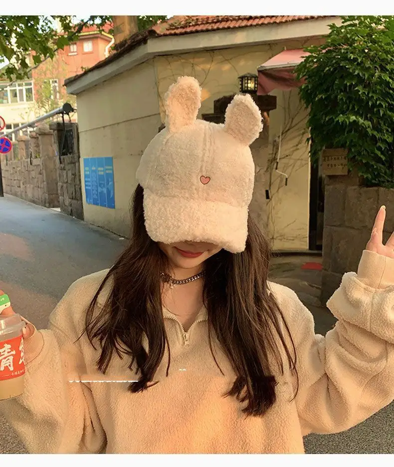 Furry Bunny Baseball Cap for Women Warm Cute — feature 5