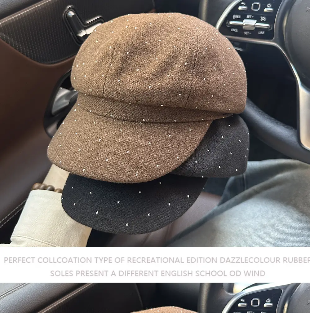 Women Beret with Rhinestones Black Cap 2025 — feature 1