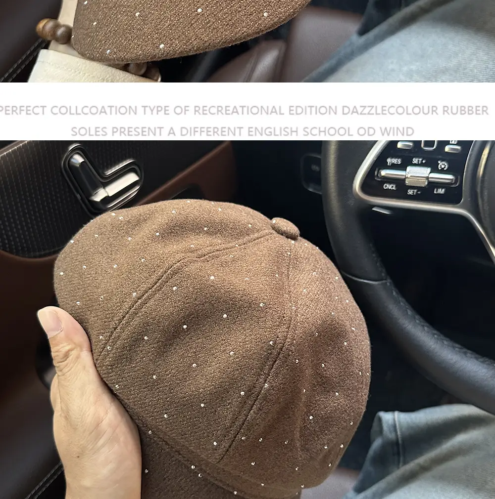 Women Beret with Rhinestones Black Cap 2025 — feature 8