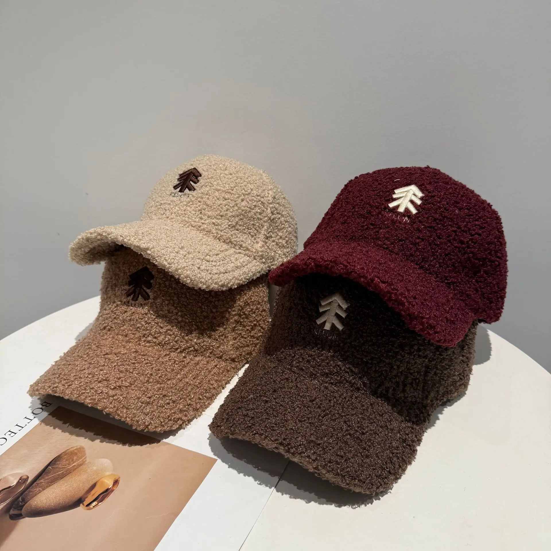 New Lamb Wool Baseball Cap for Women Brown Embroidery - Image 8