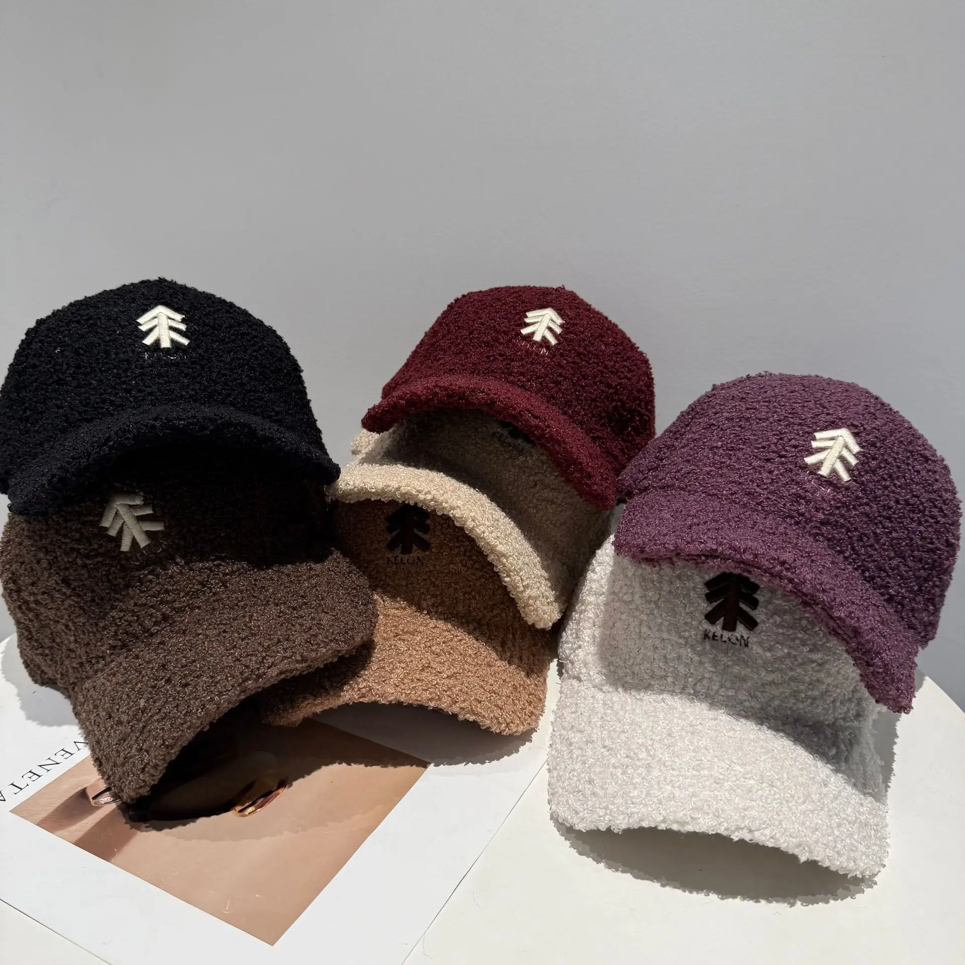 New Lamb Wool Baseball Cap for Women Brown Embroidery - Image 9