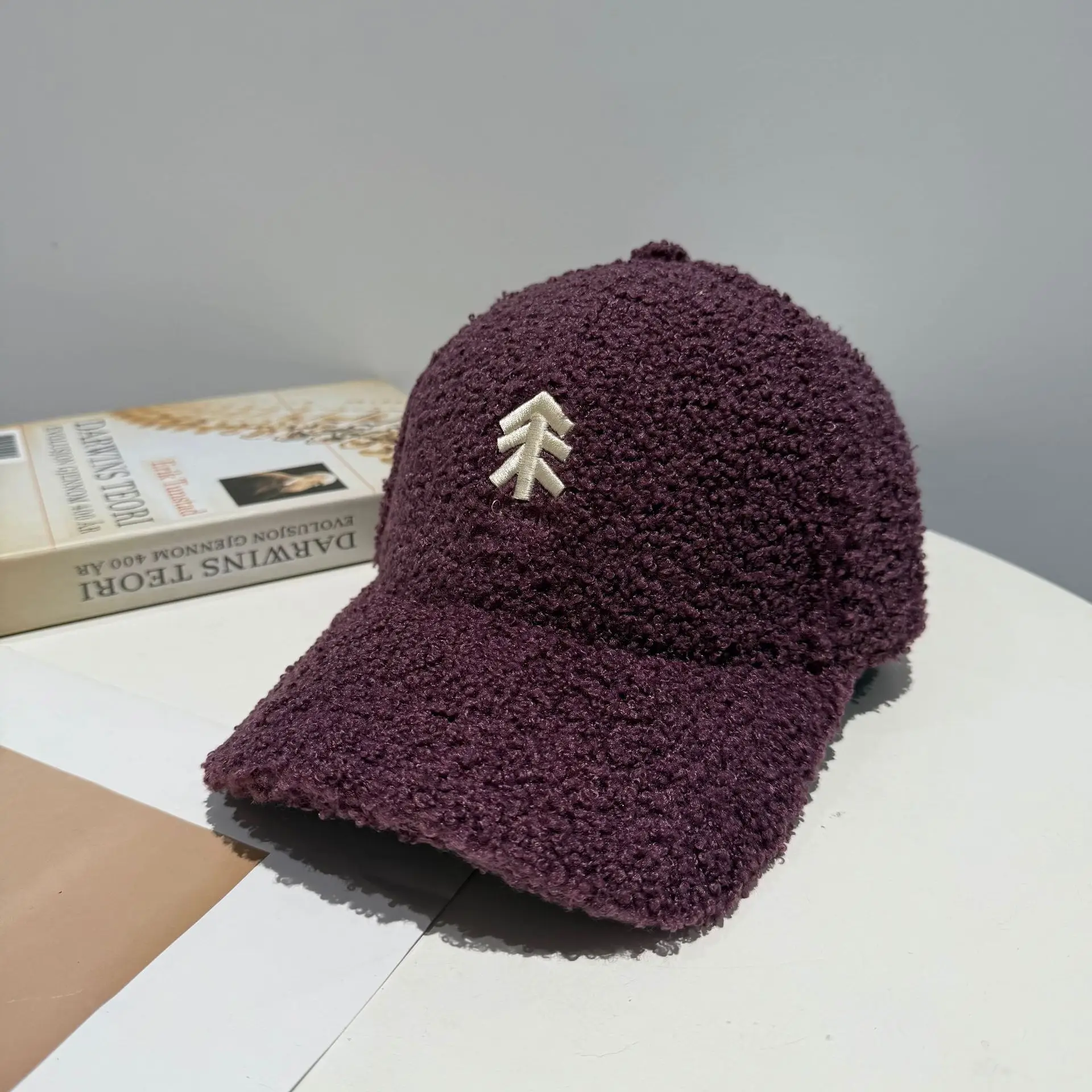 New Lamb Wool Baseball Cap for Women Brown Embroidery - Image 7