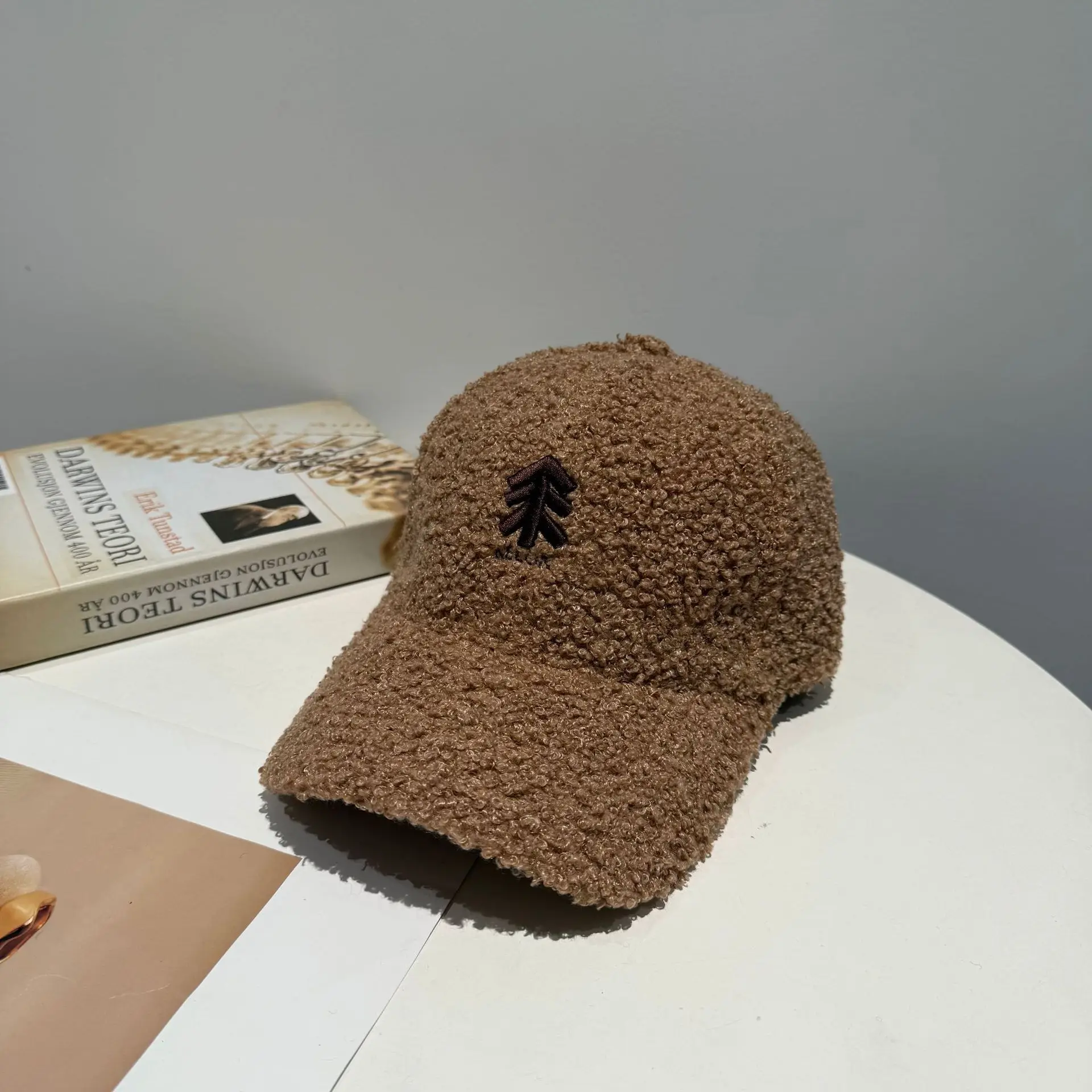 New Lamb Wool Baseball Cap for Women Brown Embroidery - Image 4