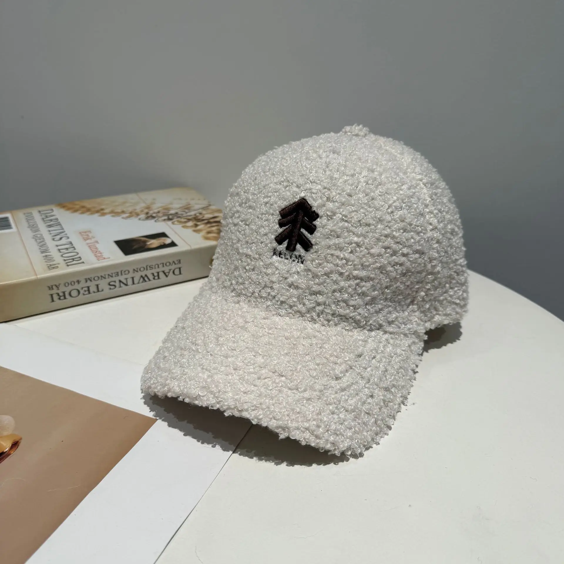 New Lamb Wool Baseball Cap for Women Brown Embroidery - Image 2