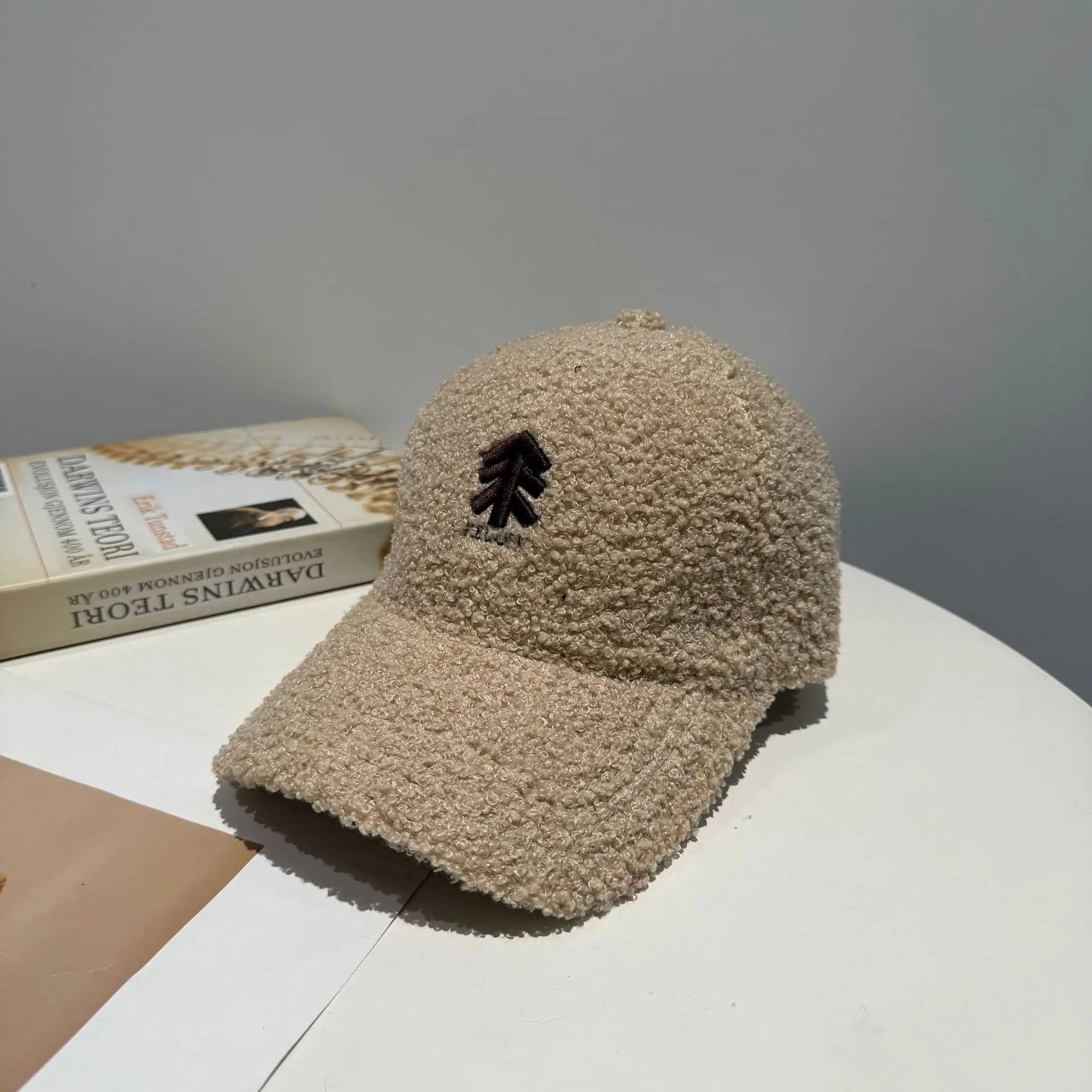 New Lamb Wool Baseball Cap for Women Brown Embroidery - Image 3