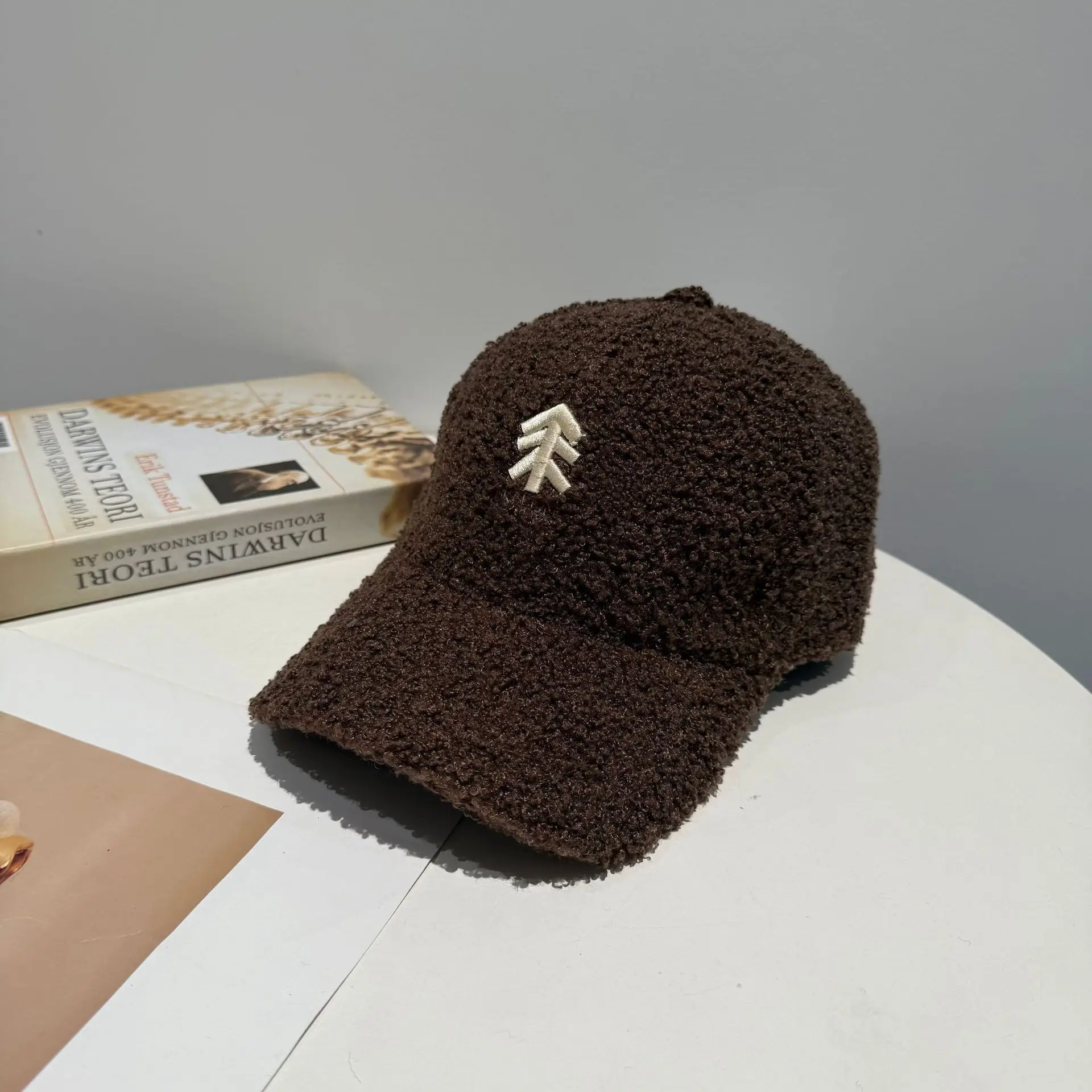 New Lamb Wool Baseball Cap for Women Brown Embroidery - Image 5