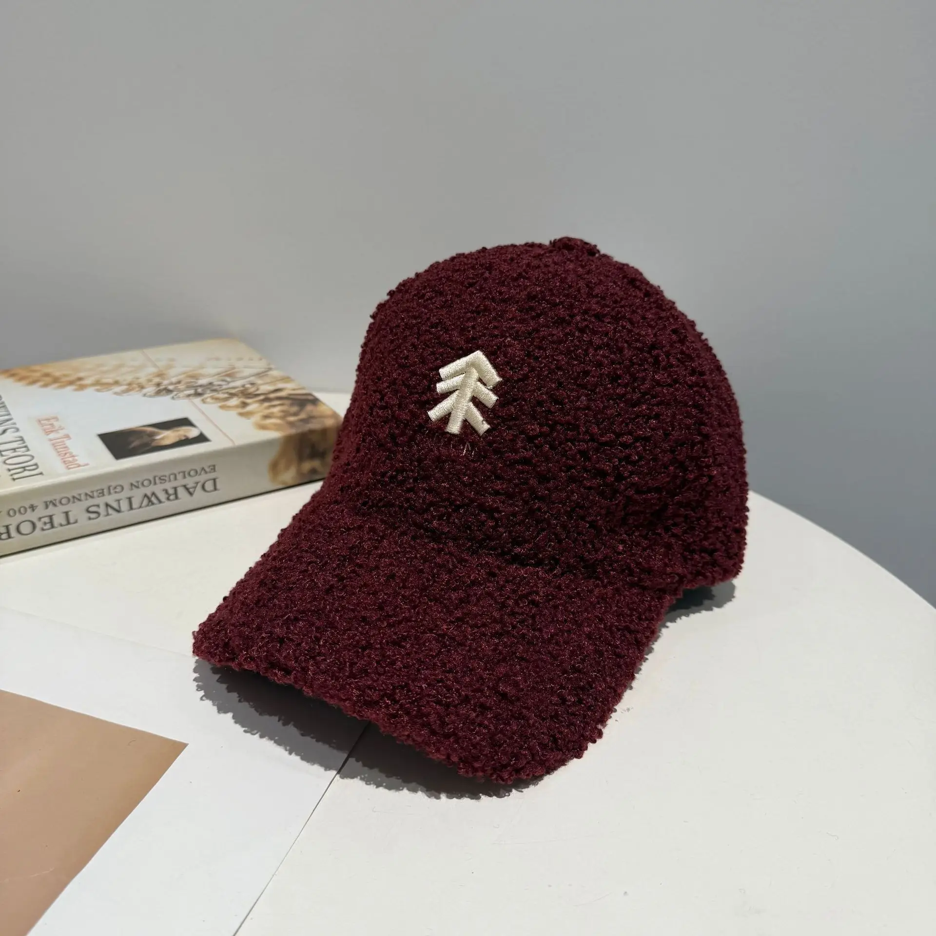 New Lamb Wool Baseball Cap for Women Brown Embroidery - Image 6