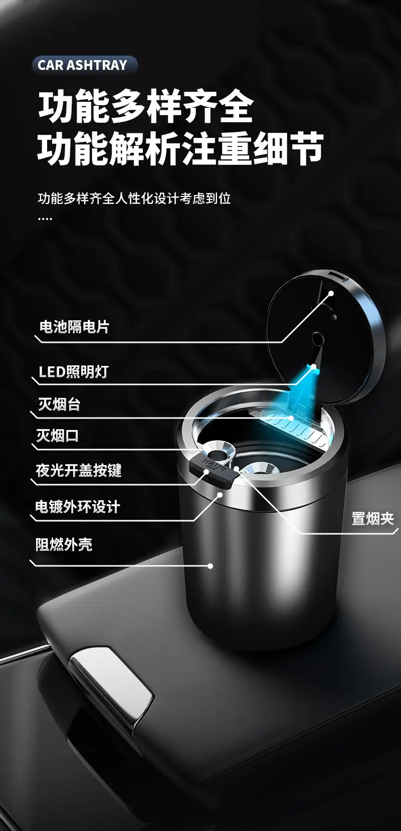 Car-Mounted Ashtray with Anti-Fly Ash, Multifunctional Automatic Lid Opening, Smoke Extinguishing, Ash Collection, Sealed, Portable, High-End Car Accessory — feature 10