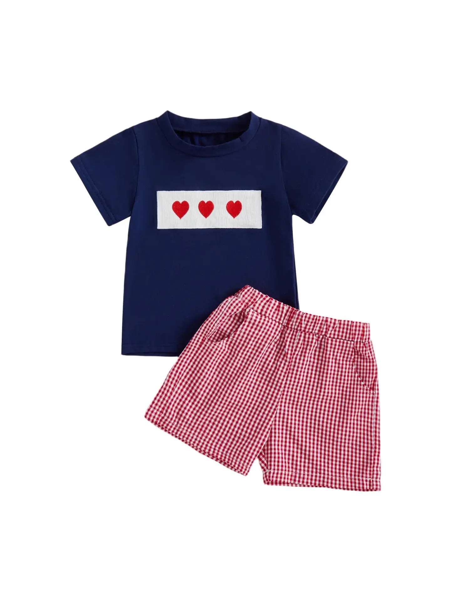 Valentine Boys Red Heart Short Sleeve T-Shirt & Plaid Shorts Set - Image 2