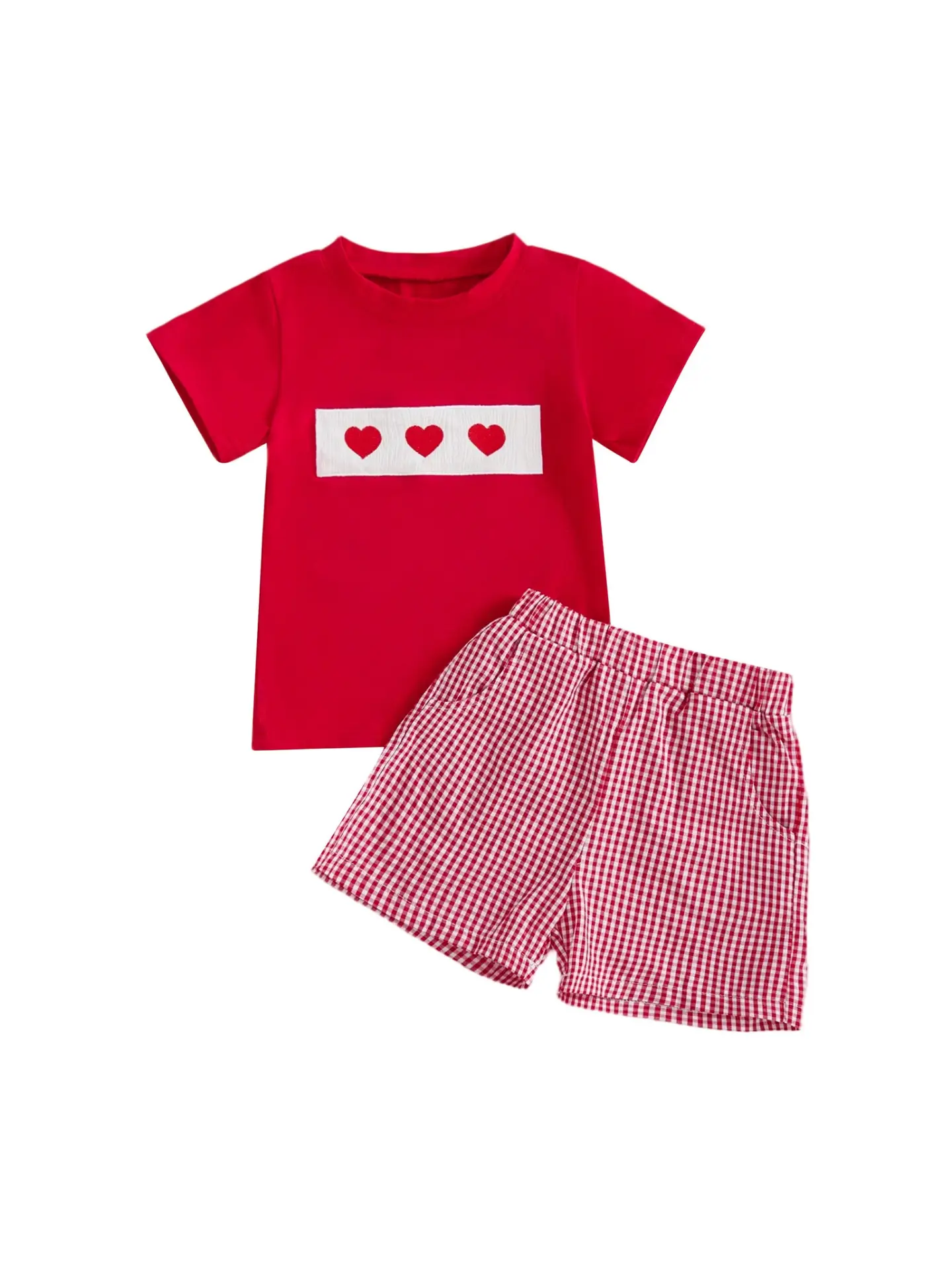Valentine Boys Red Heart Short Sleeve T-Shirt & Plaid Shorts Set - Image 3