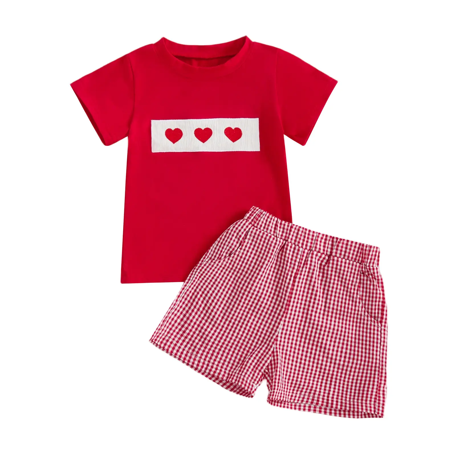 Valentine Boys Red Heart Short Sleeve T-Shirt & Plaid Shorts Set — feature 2