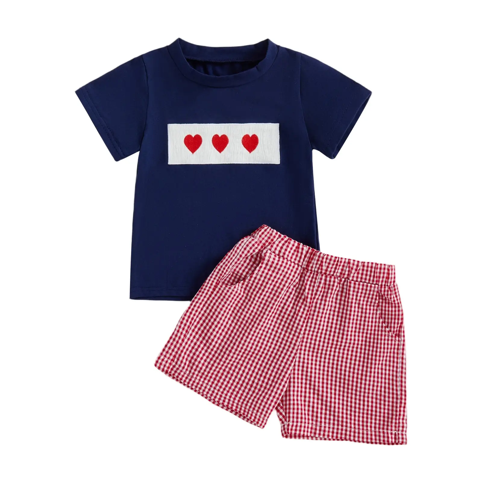 Valentine Boys Red Heart Short Sleeve T-Shirt & Plaid Shorts Set — feature 3