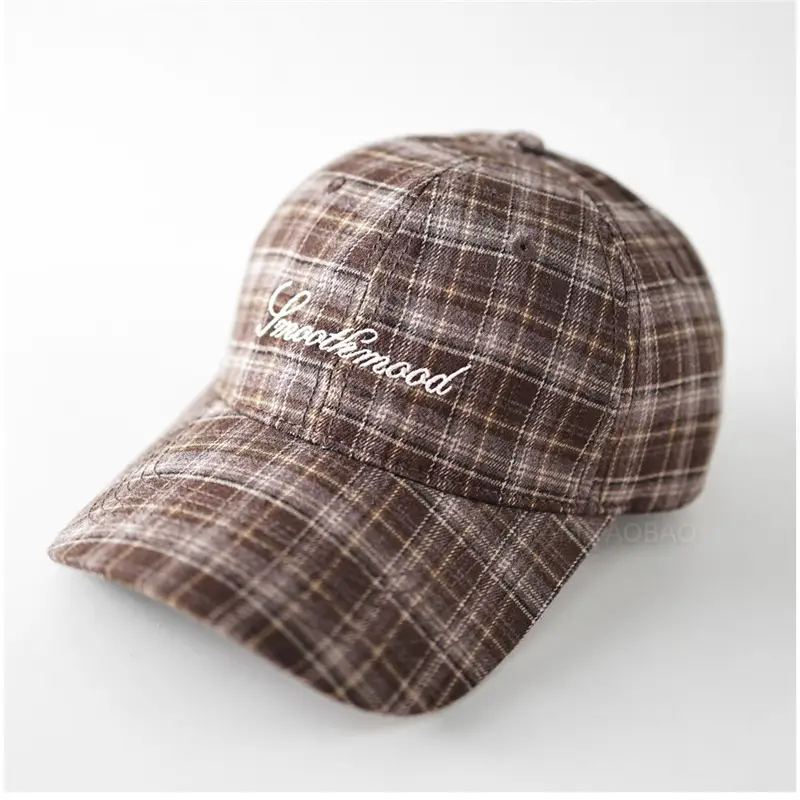 Men Plaid Baseball Cap Brown Embroidered - Image 4