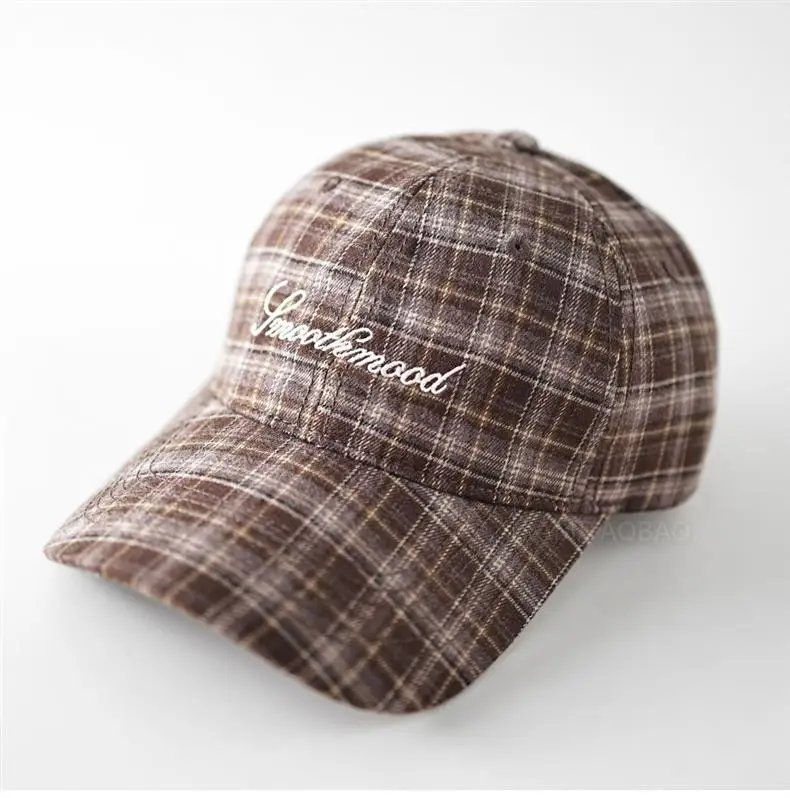 Men Plaid Baseball Cap Brown Embroidered — feature 2