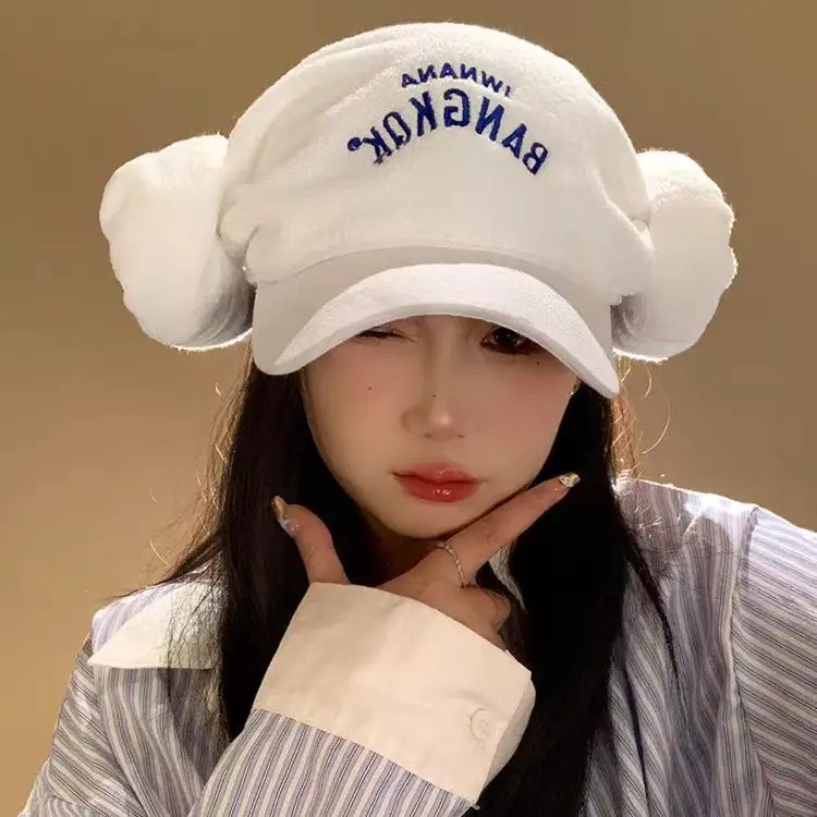Women's White Letter Embroidered Baseball Cap with Bear Ears