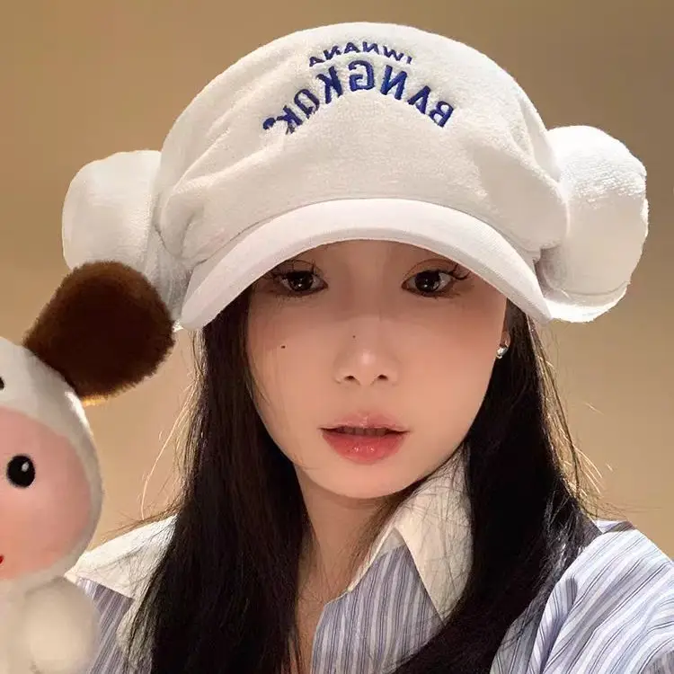 Women's White Letter Embroidered Baseball Cap with Bear Ears