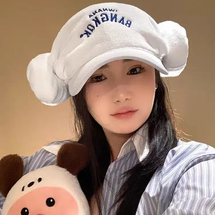 Women's White Letter Embroidered Baseball Cap with Bear Ears
