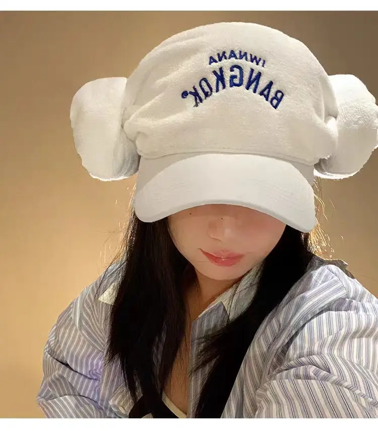 Women's White Letter Embroidered Baseball Cap with Bear Ears — feature 2