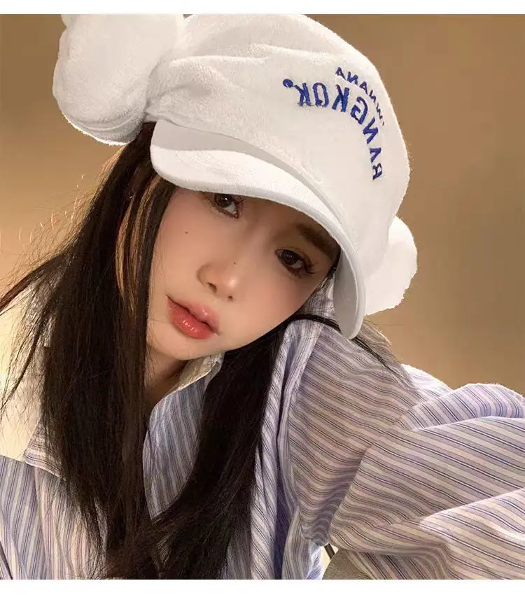 Women's White Letter Embroidered Baseball Cap with Bear Ears — feature 7