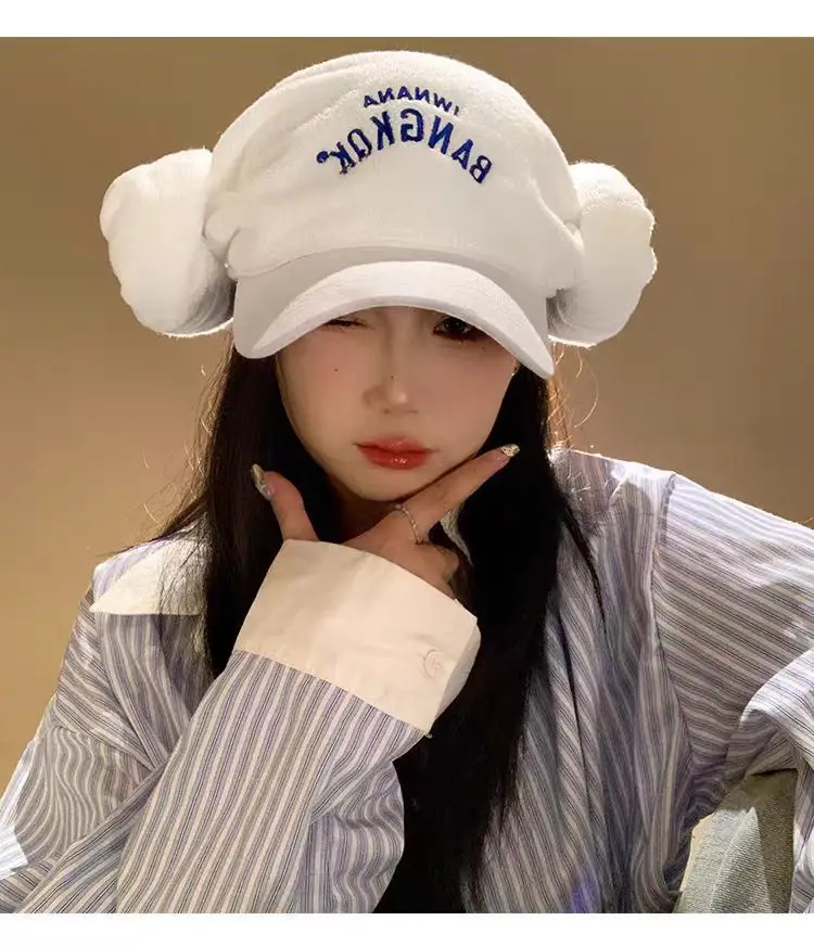 Women's White Letter Embroidered Baseball Cap with Bear Ears — feature 8