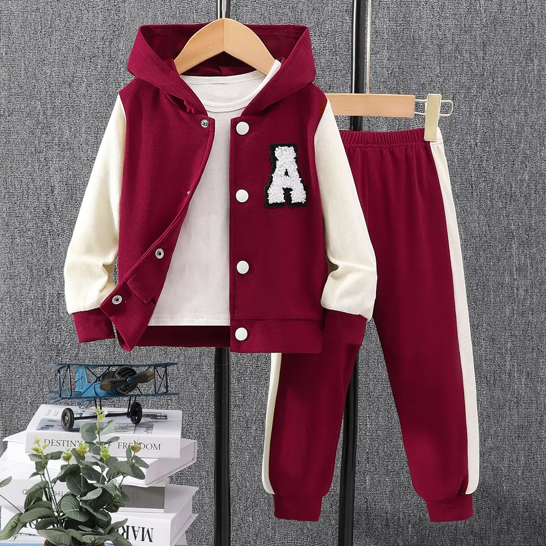 Cross-Border Autumn New Style Long-Sleeved Hooded Contrasting Color A-Line Stamp Suit for Children and Middle-Aged Children