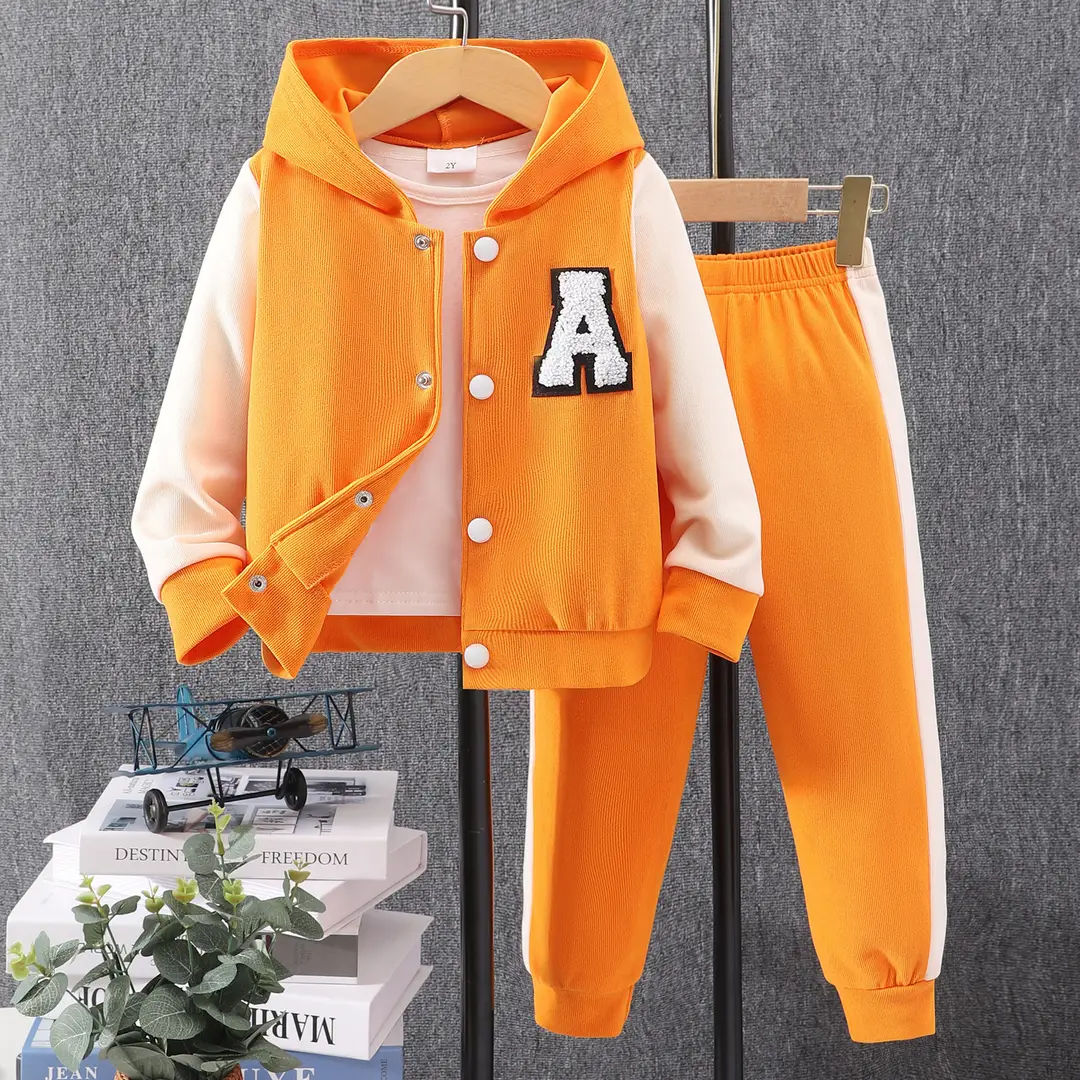 Cross-Border Autumn New Style Long-Sleeved Hooded Contrasting Color A-Line Stamp Suit for Children and Middle-Aged Children
