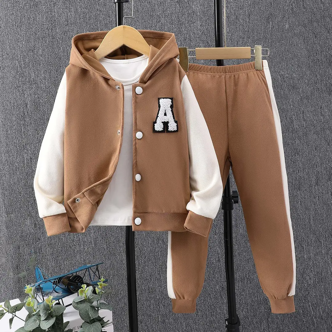Cross-Border Autumn New Style Long-Sleeved Hooded Contrasting Color A-Line Stamp Suit for Children and Middle-Aged Children