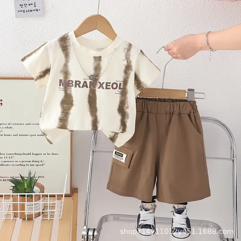 Trendy Boys Tie-Dye Shorts Set Brown White - Image 3