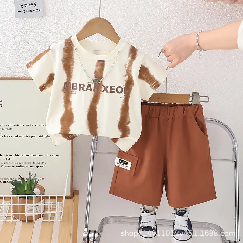 Trendy Boys Tie-Dye Shorts Set Brown White - Image 2