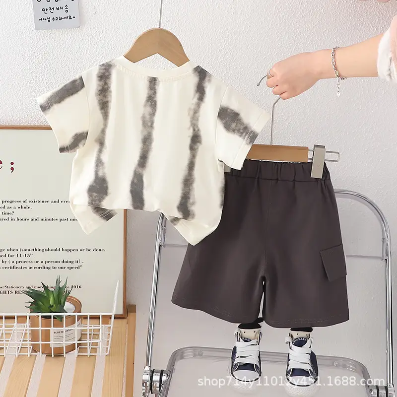 Trendy Boys Tie-Dye Shorts Set Brown White - Image 5