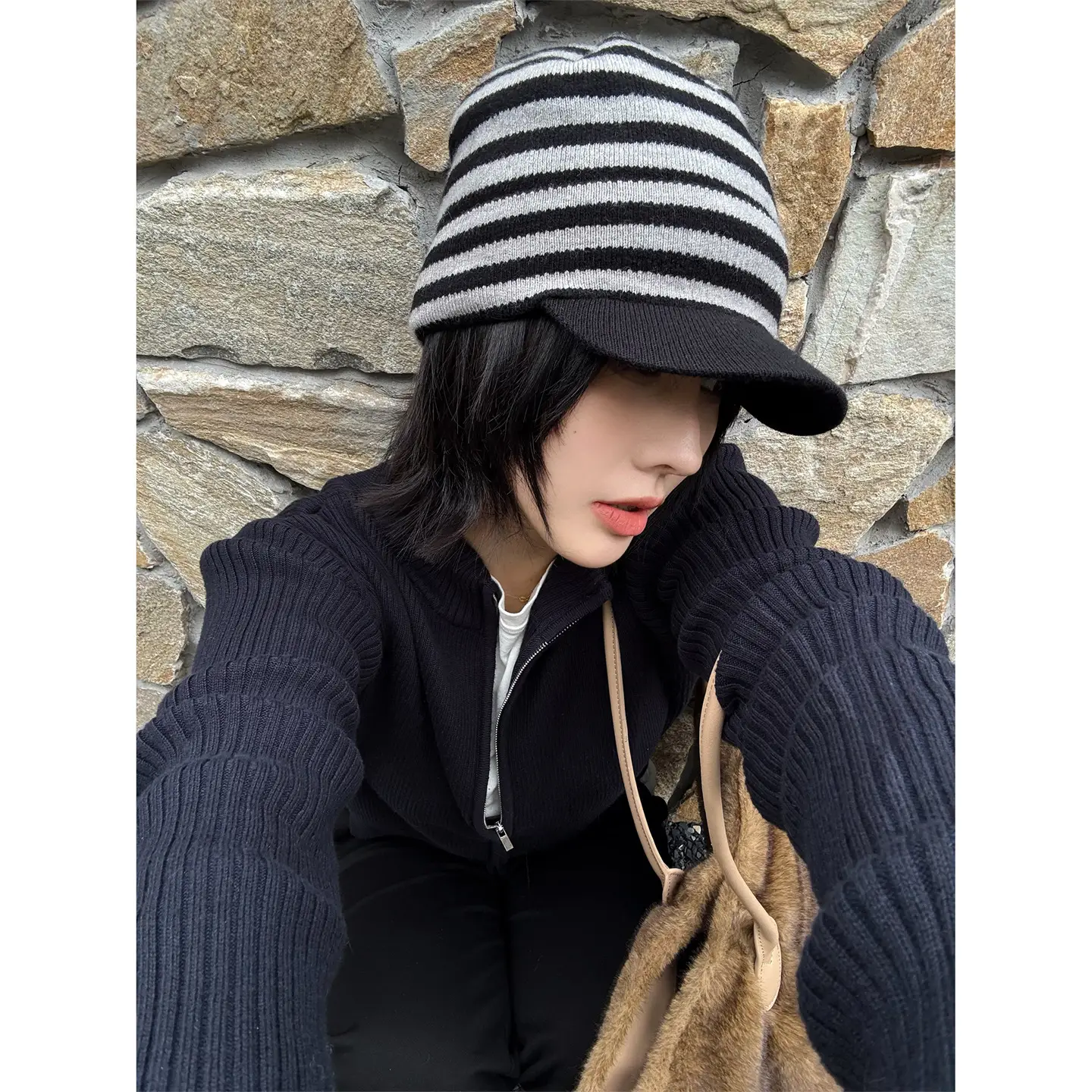 Striped Knit Baseball Cap for Women Retro Style