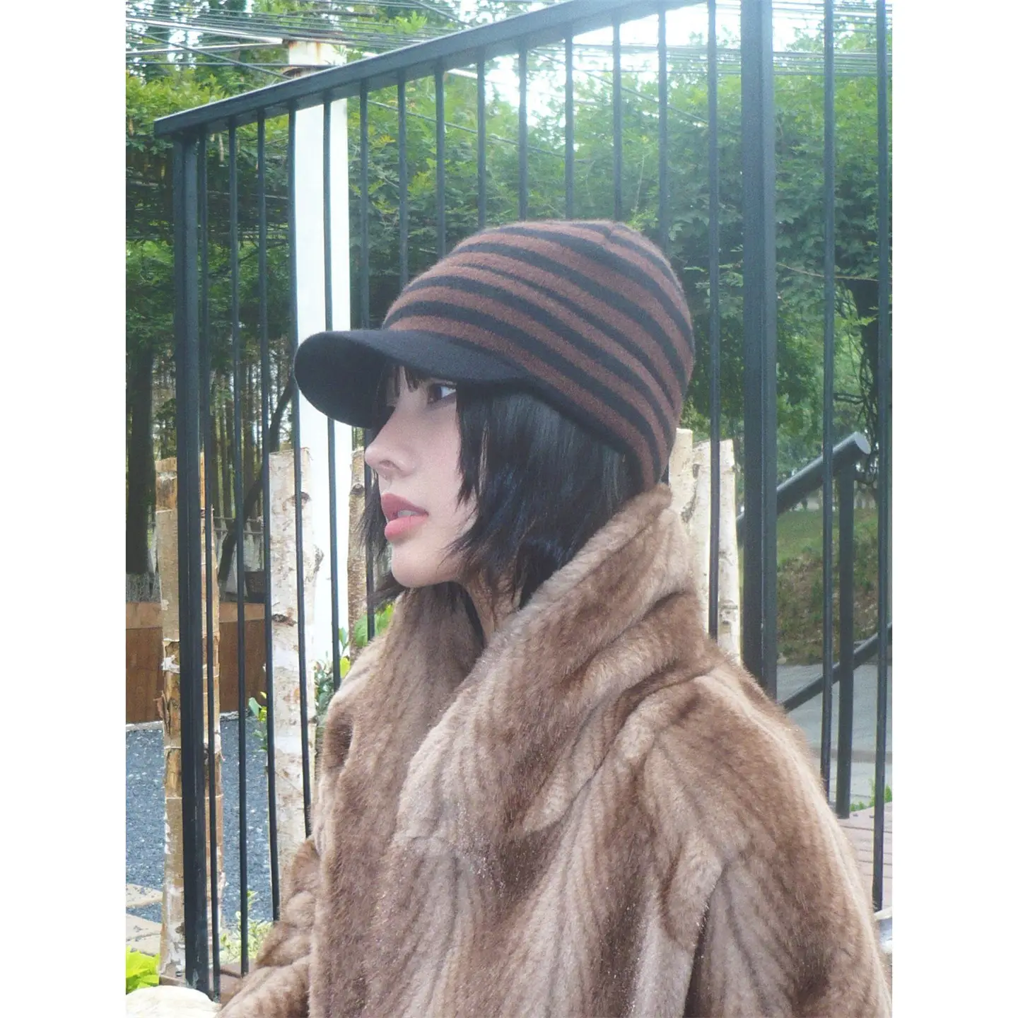 Striped Knit Baseball Cap for Women Retro Style