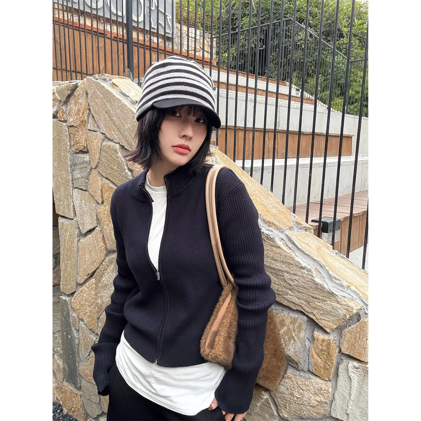 Striped Knit Baseball Cap for Women Retro Style