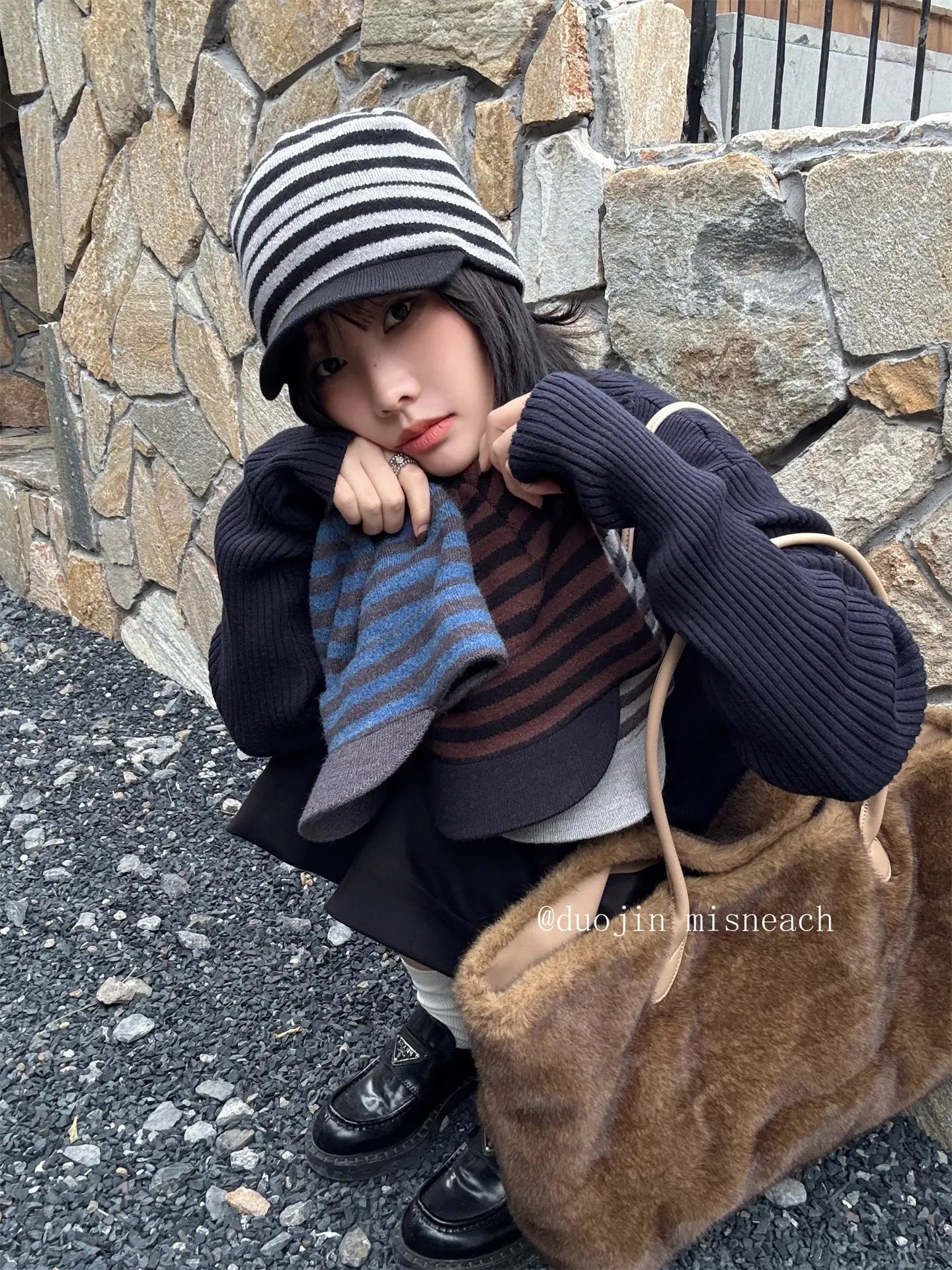 Striped Knit Baseball Cap for Women Retro Style — feature 13