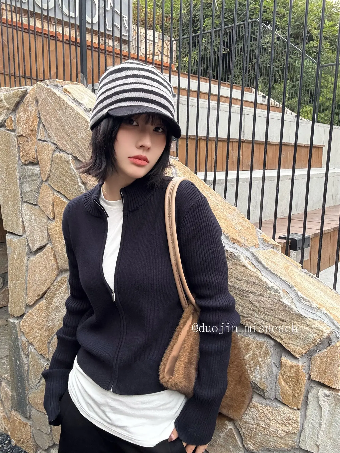 Striped Knit Baseball Cap for Women Retro Style — feature 3
