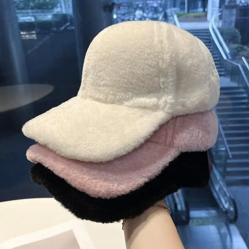 Black Plush Baseball Cap for Women Winter Warm - Image 6
